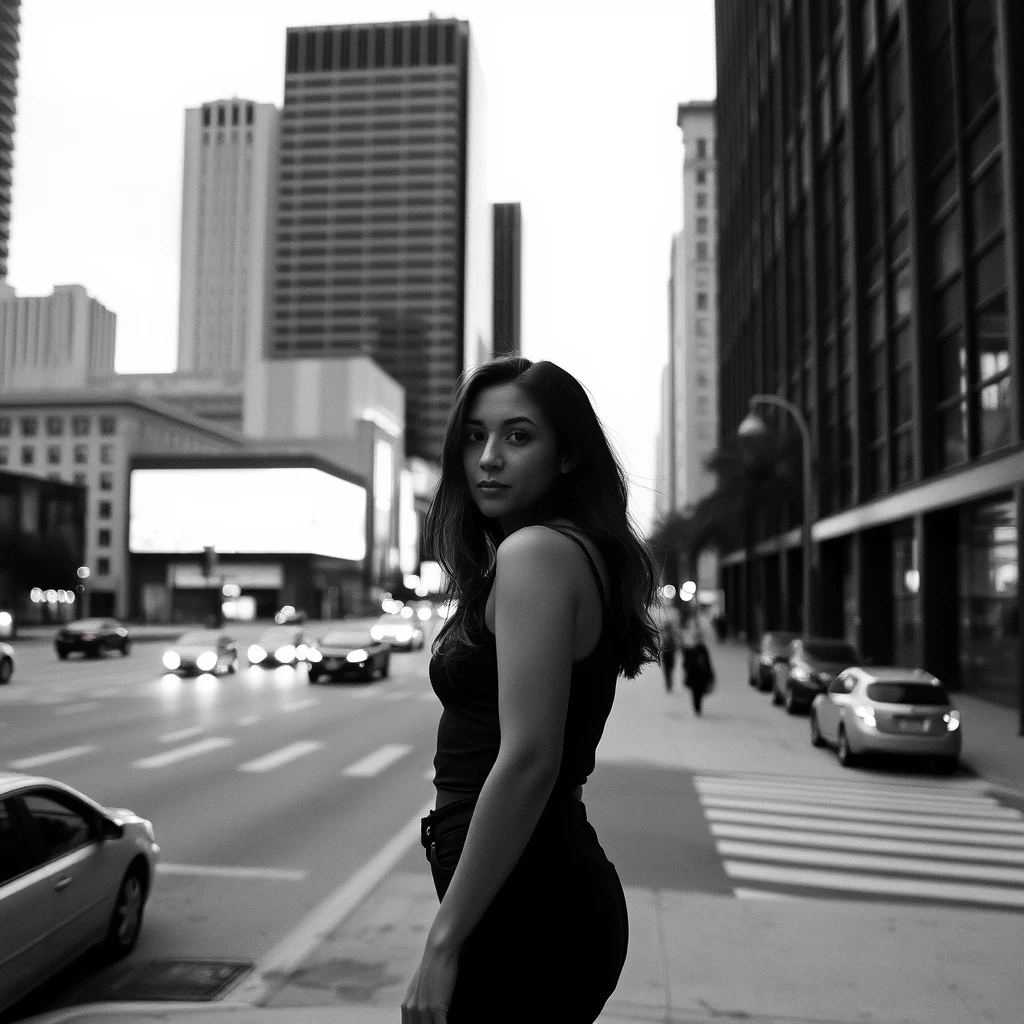 Artistic black and white portrait of a woman in downtown LA